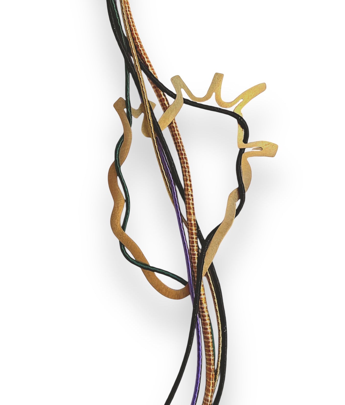 Necklace with gold and black ribbons on a white background