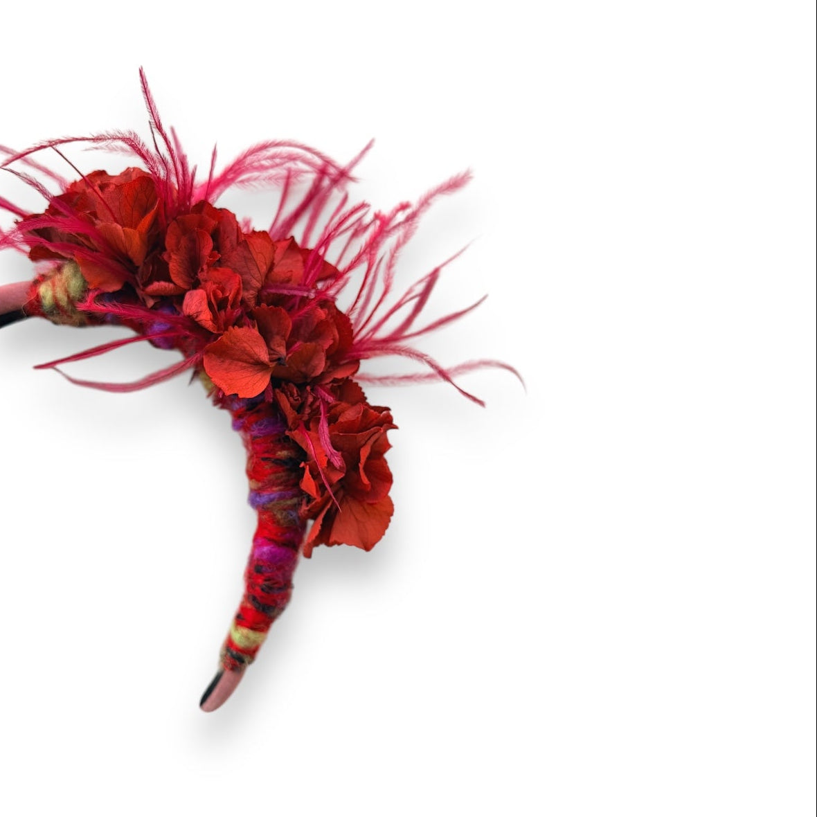 Handcrafted Wild Bloom Burgundy headpiece with preserved burgundy hydrangeas, wine-toned ostrich feathers and a dusty rose velvet headband.