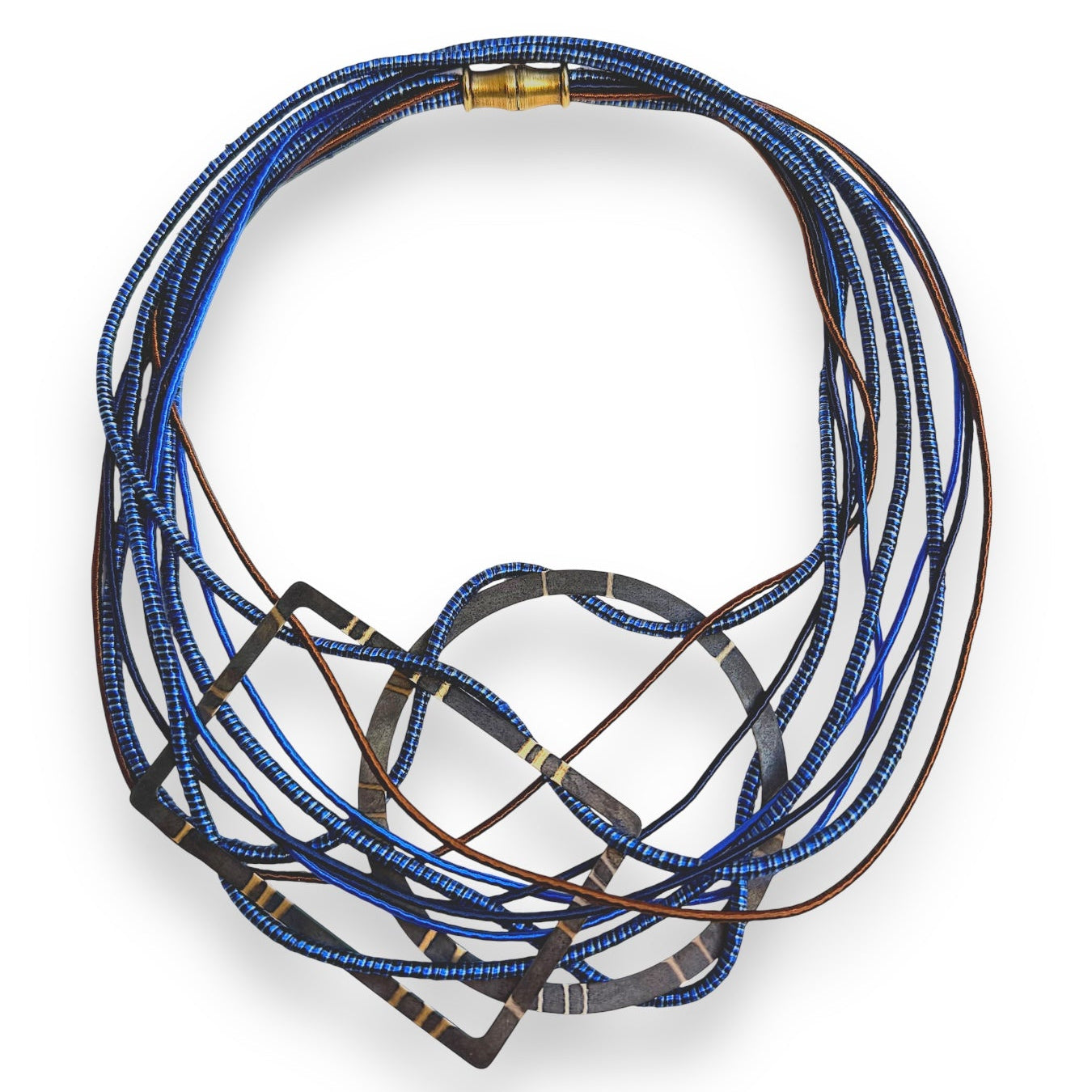 Necklace with blue and gold strands on a white background