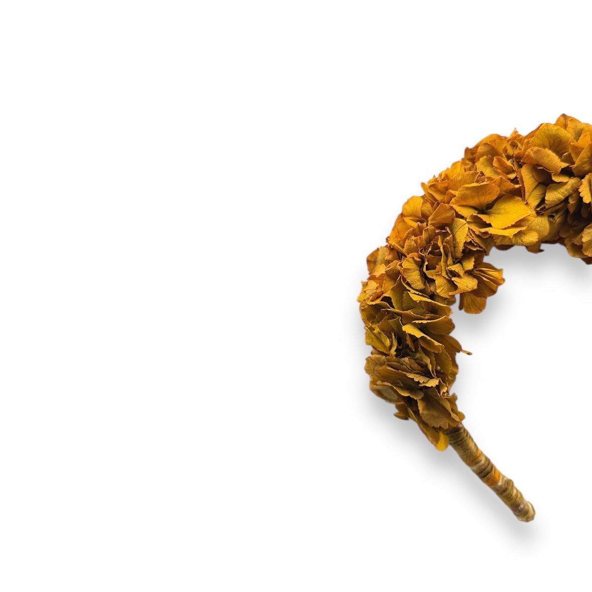Handcrafted Golden Hydrangea Headpiece with real preserved hydrangeas in rich golden ochre and mustard tones.