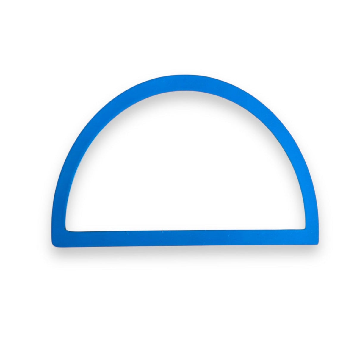 A blue semi-circular outline or frame shape on a plain white background.
