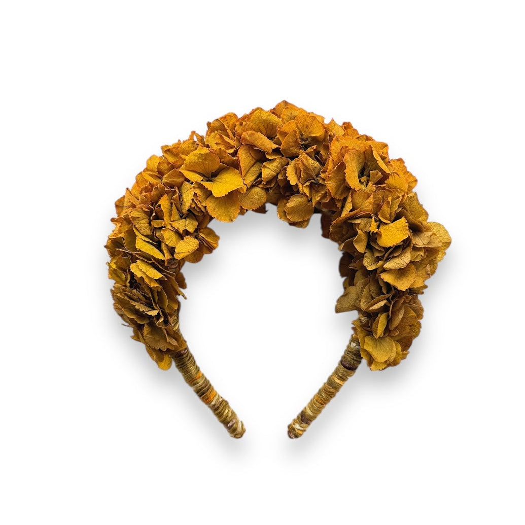 Handcrafted Golden Hydrangea Headpiece with real preserved hydrangeas in rich golden ochre and mustard tones.