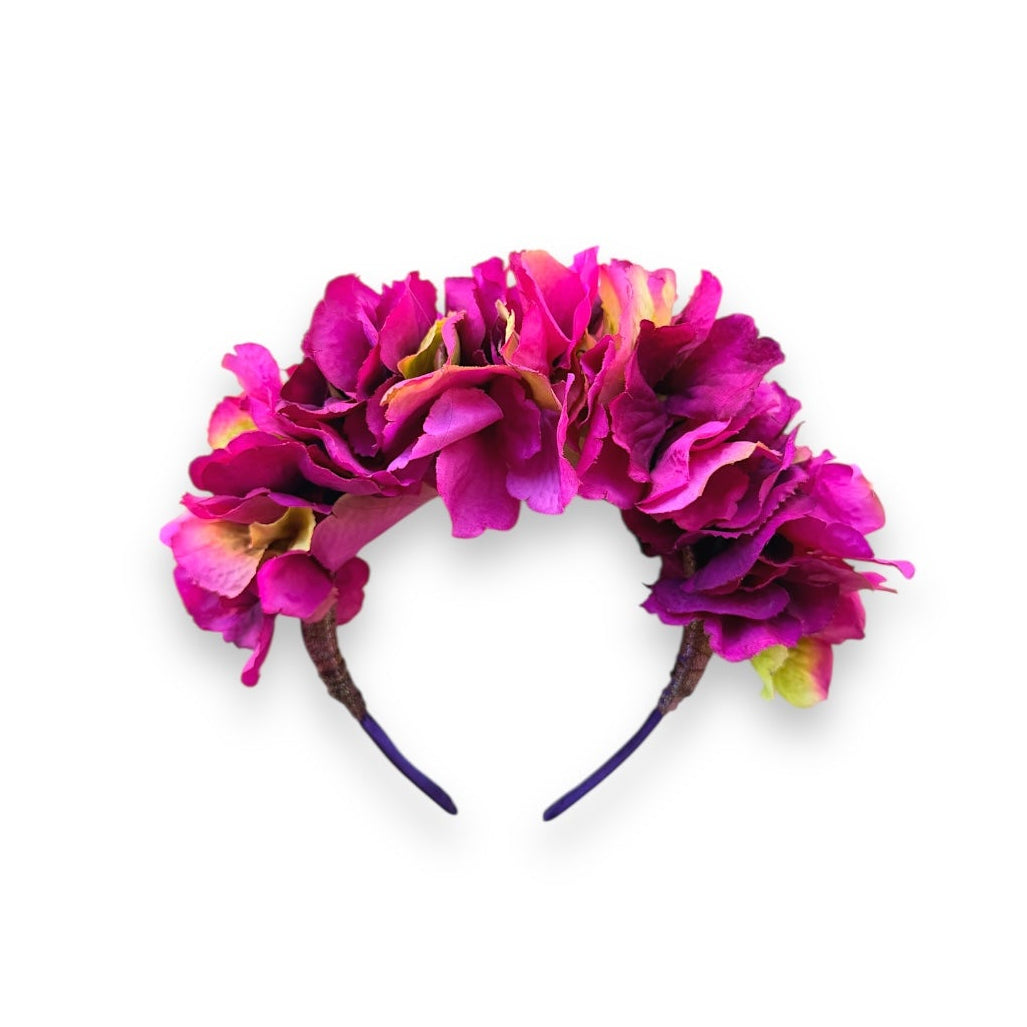 Handcrafted Magenta Hydrangea Headband with realistic fabric hydrangea flowers in rich magenta and pink tones on a slim, discreet headband.
