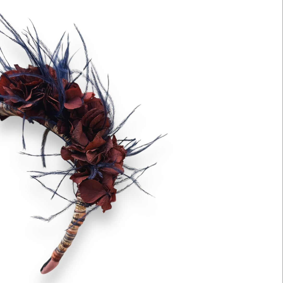 Handcrafted Wild Bloom Mocha headpiece with deep chocolate brown preserved hydrangeas, dark navy ostrich feathers and a dusty rose velvet headband.