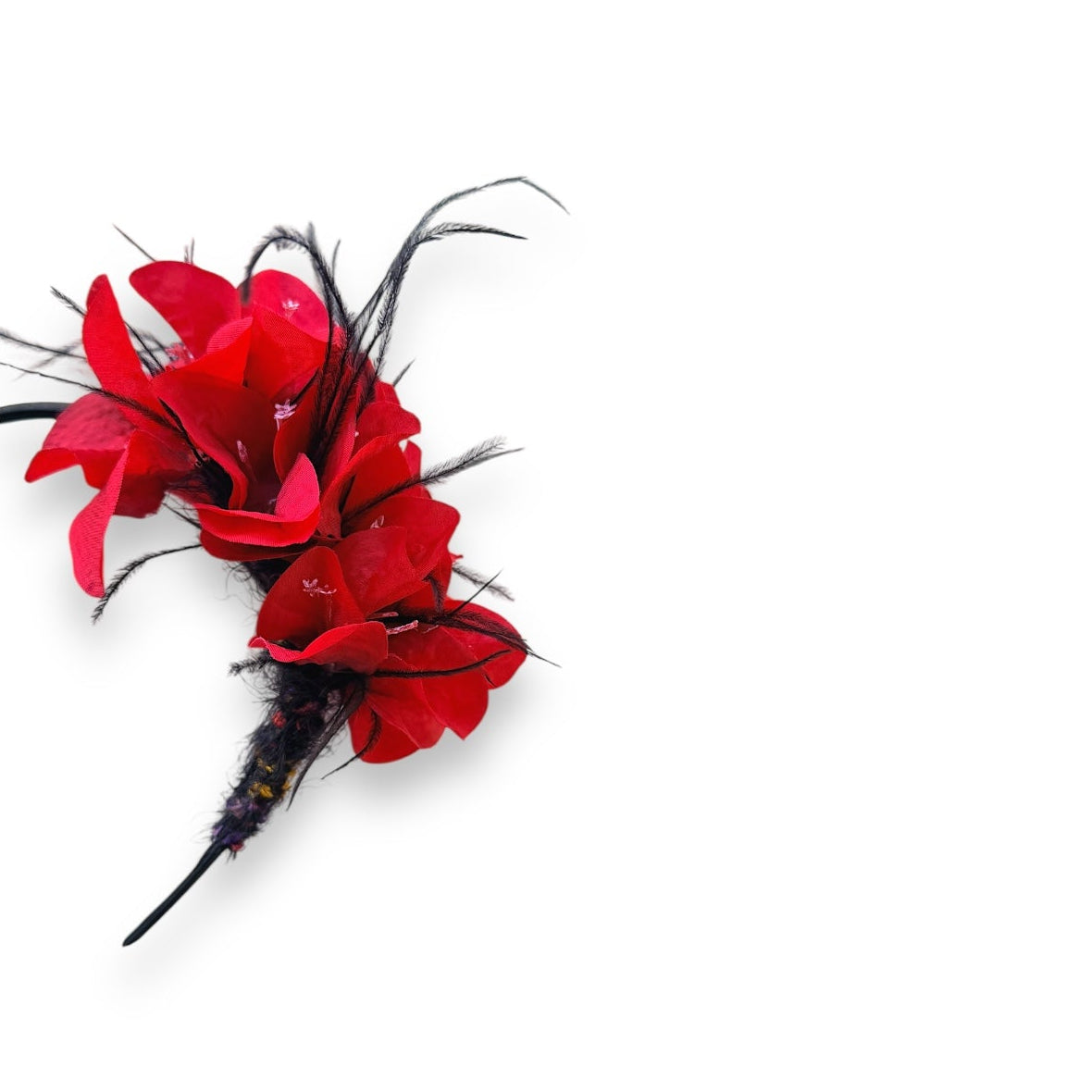 Handcrafted Red Bougainvillea & Feather Headband with vivid red fabric flowers, wispy black ostrich feathers and a slim black headband.