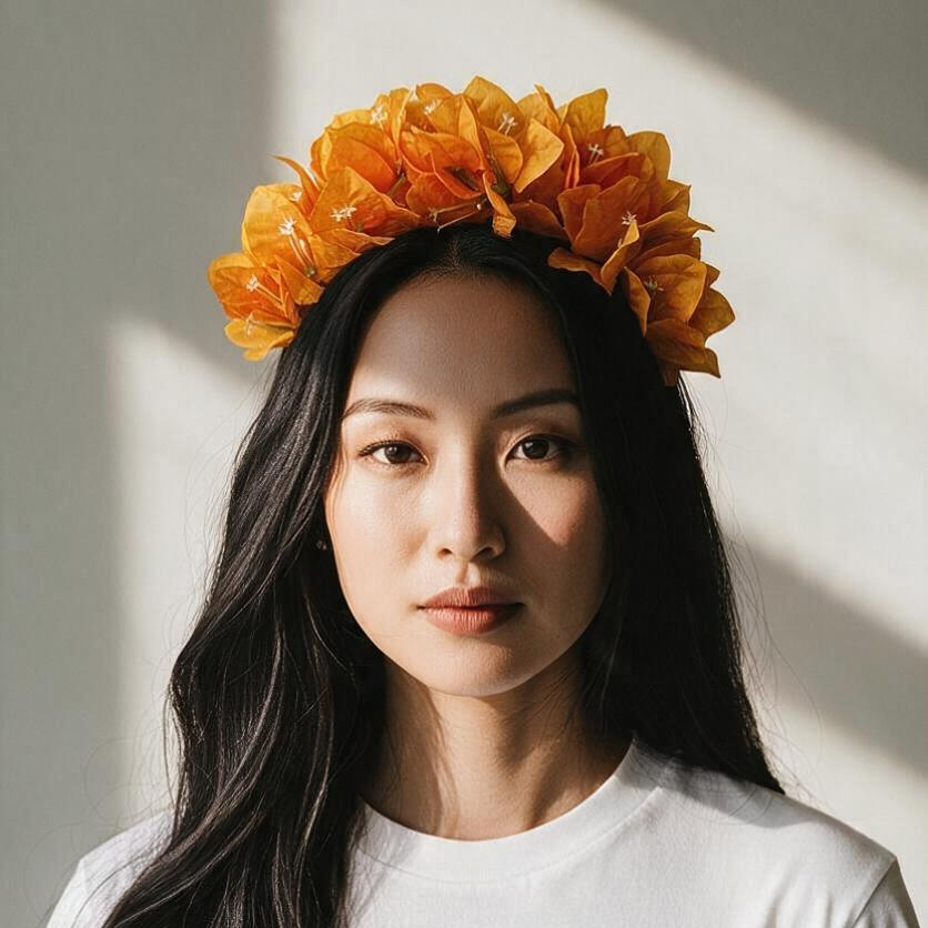 A woman with long dark hair wearing a vibrant orange flower crown, posing against a warm-toned wall with soft diagonal shadows.