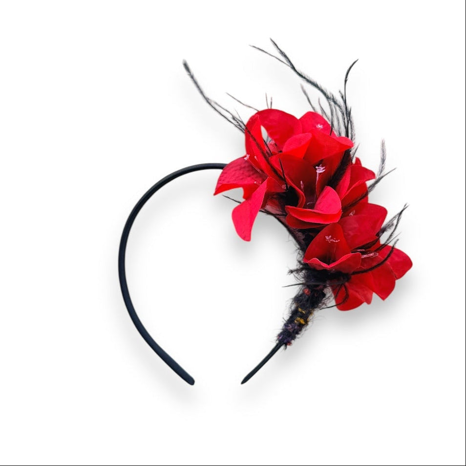 Handcrafted Red Bougainvillea & Feather Headband with vivid red fabric flowers, wispy black ostrich feathers and a slim black headband.