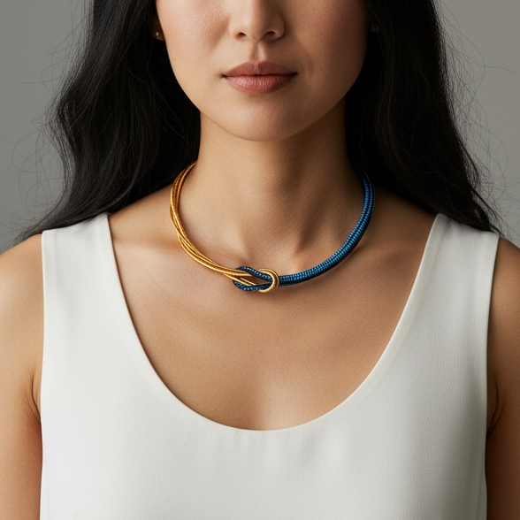 A woman with long black hair wearing a white sleeveless top and a blue and gold braided necklace, photographed against a solid gray background.