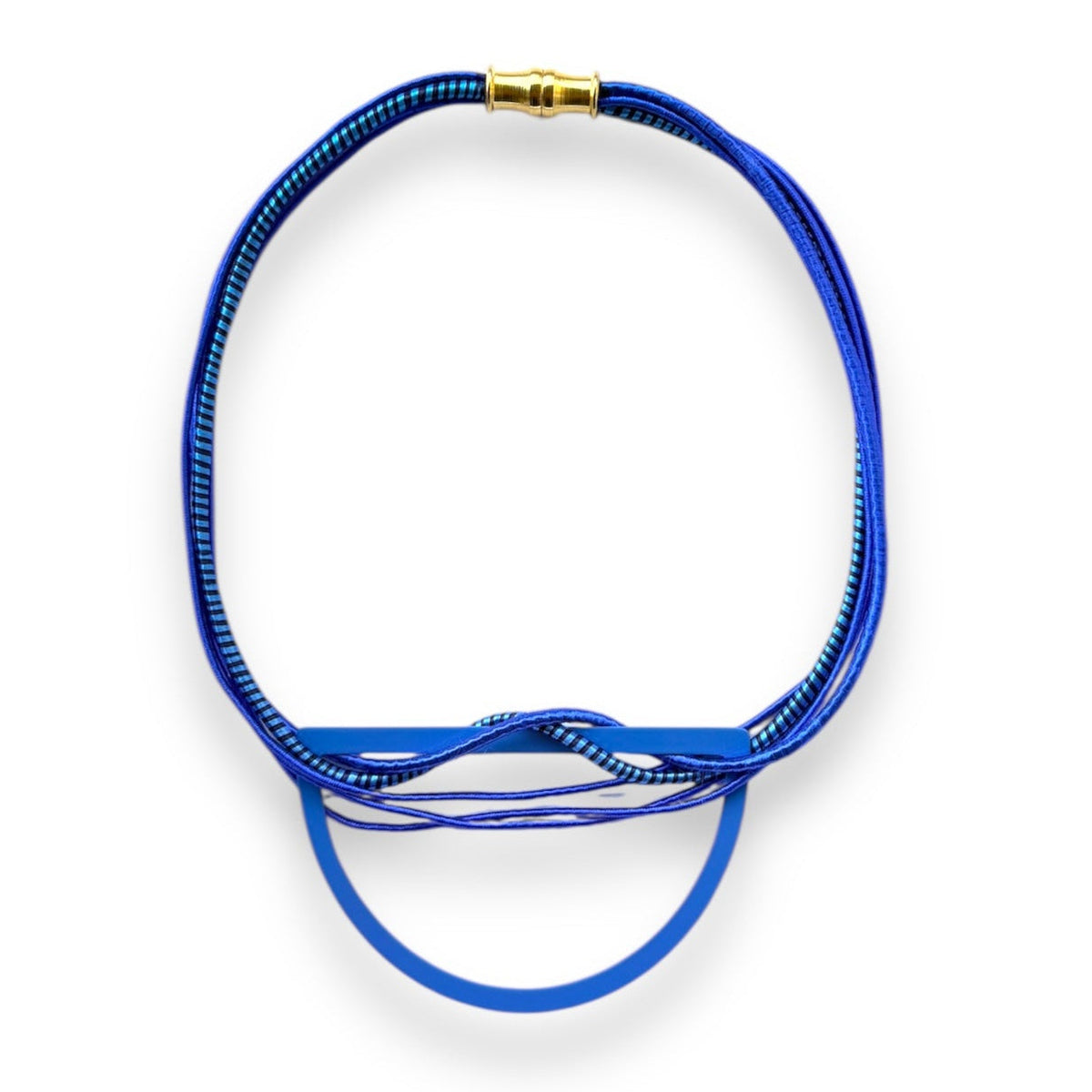 Handmade electric blue fabric bib necklace with silk-wrapped cords, blue powder-coated brass half moon pendant and gold-tone magnetic clasp.