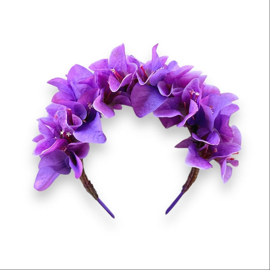 Handcrafted purple bougainvillea floral headband with vibrant fabric flowers, suitable for adults and children.