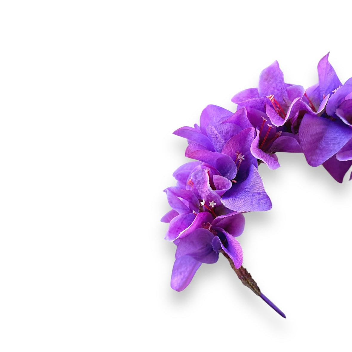 Handcrafted purple bougainvillea floral headband with vibrant fabric flowers, suitable for adults and children.