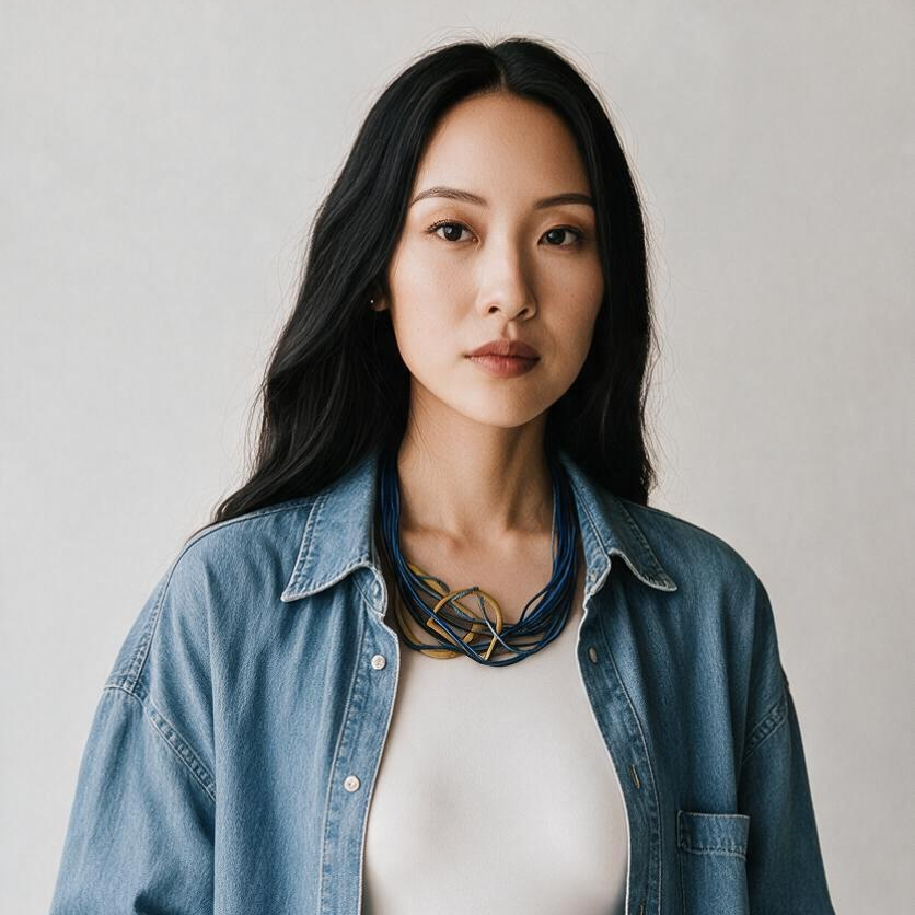 A woman wearing a light blue denim button-up shirt over a white top and blue jeans, accessorized with a chunky geometric necklace, photographed against a neutral light gray background.