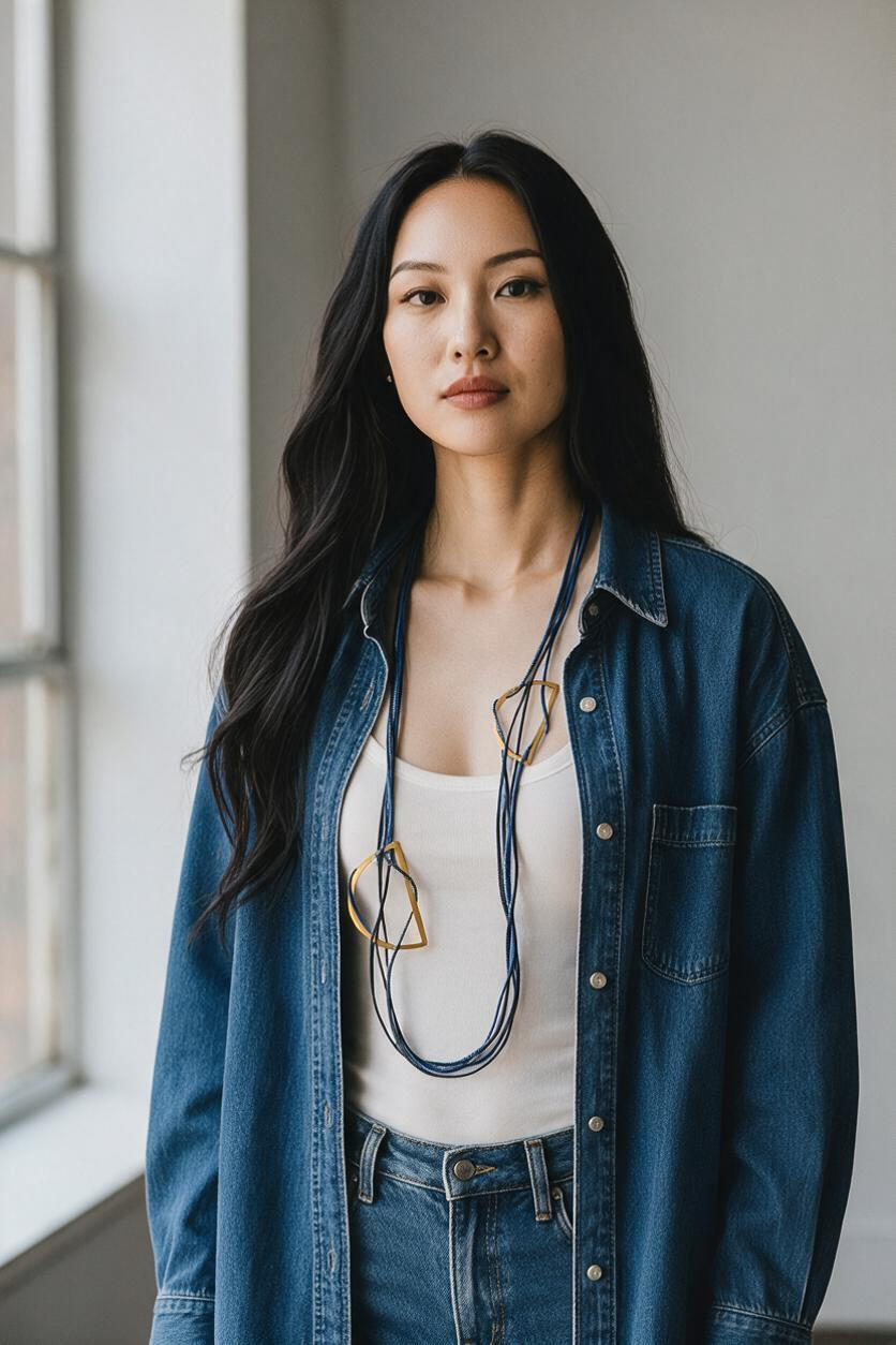 A woman with long dark hair stands indoors wearing a white tank top, an open blue denim shirt, blue jeans, and a long geometric necklace with gold-toned elements.