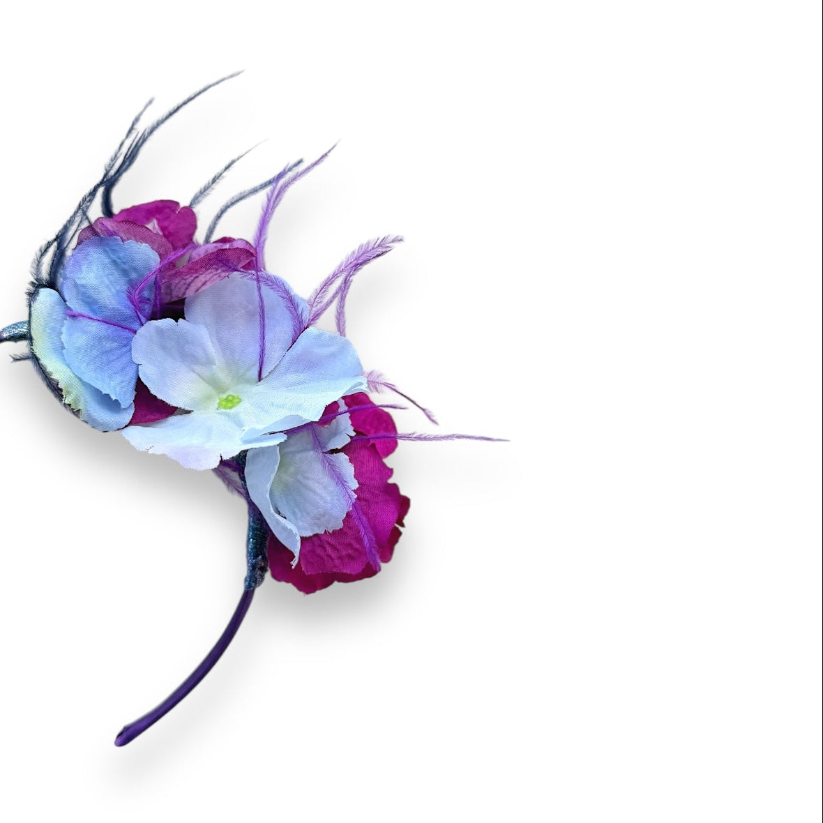 Handcrafted Blue & Magenta Hydrangea Headband with realistic fabric hydrangeas, purple and blue ostrich feathers and a slim purple headband.