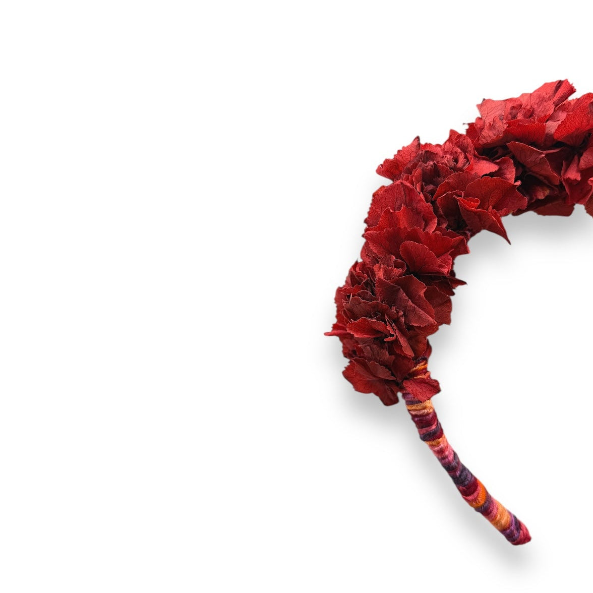 Handcrafted Burgundy Hydrangea Headpiece with real preserved hydrangeas in deep burgundy and dark red tones, finished with colourful hand-wrapped yarn detailing.