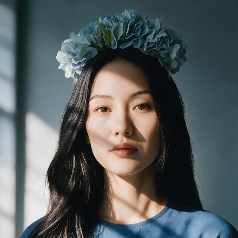 A woman with long dark hair wearing a light blue hydrangea flower crown and a blue top, photographed in soft window light with shadow patterns across her face and shoulders.