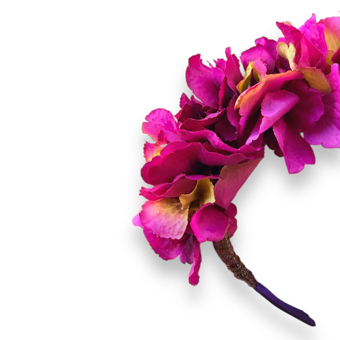 Handcrafted Magenta Hydrangea Headband with realistic fabric hydrangea flowers in rich magenta and pink tones on a slim, discreet headband.