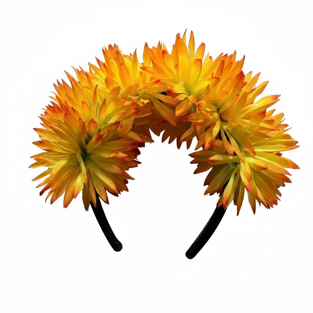 A novelty headband featuring a large, dense cluster of artificial yellow and orange flowers with red tips, displayed against a solid white background.