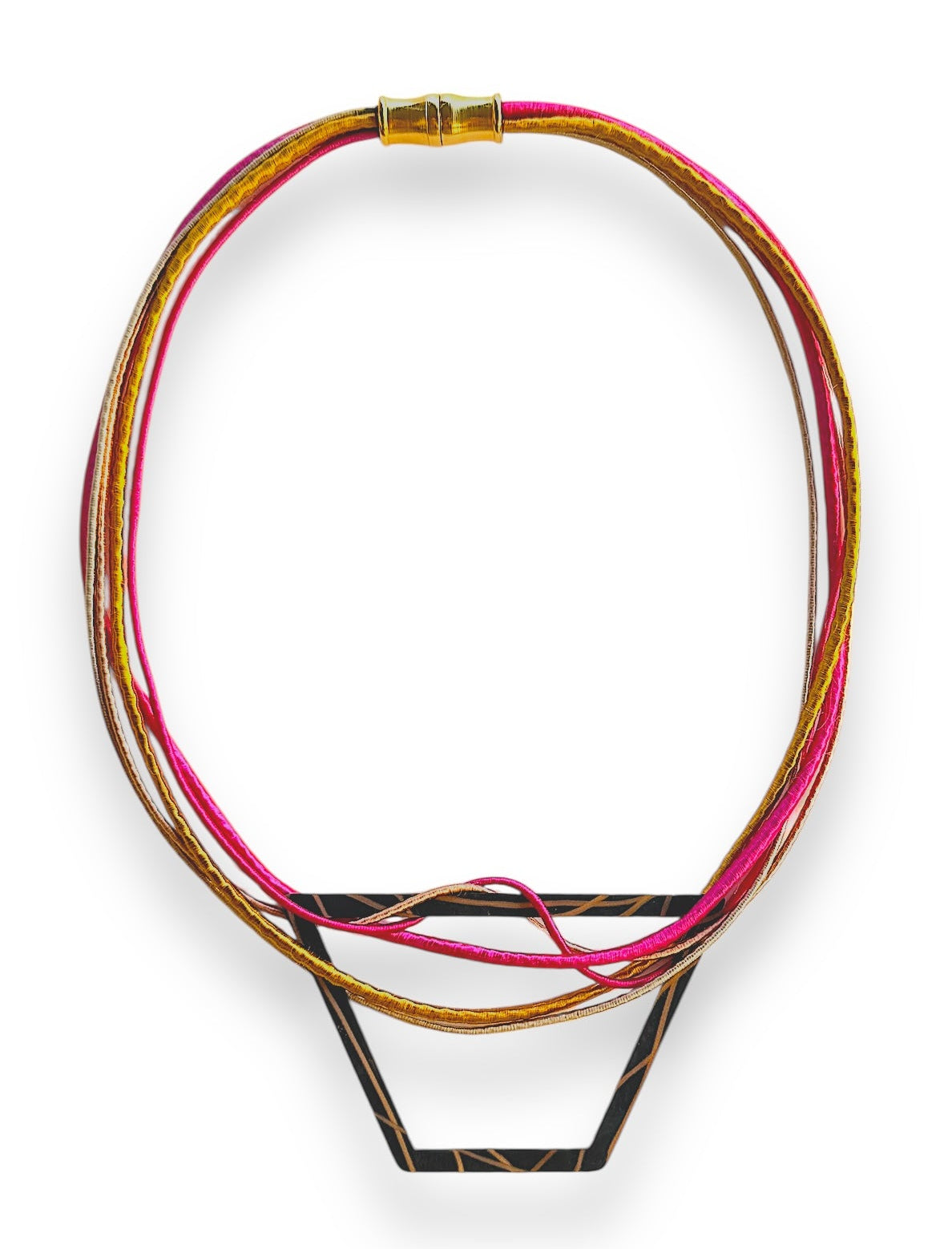 Necklace with pink and gold cord on a white background
