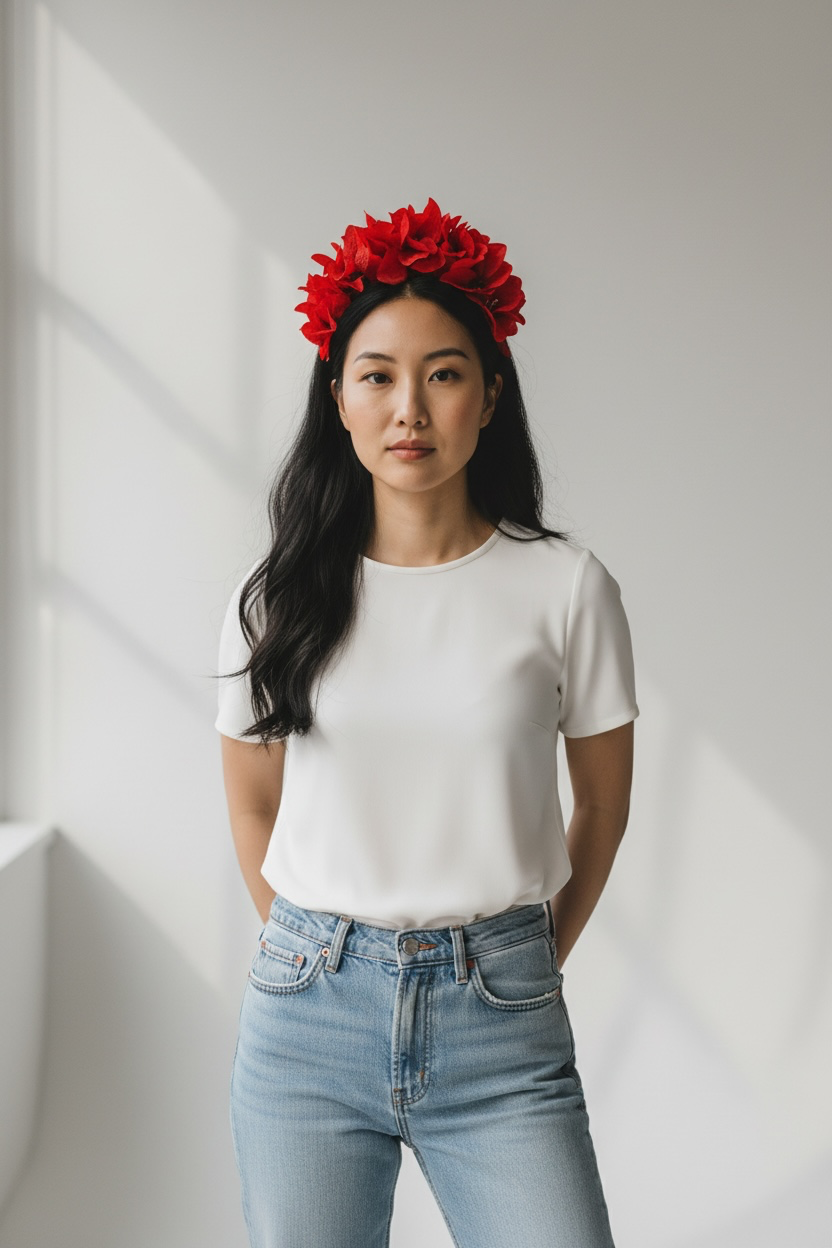 A woman wearing a vibrant red flower crown, a white short-sleeve crewneck top, and light blue jeans, standing in a brightly lit room with soft window shadows.