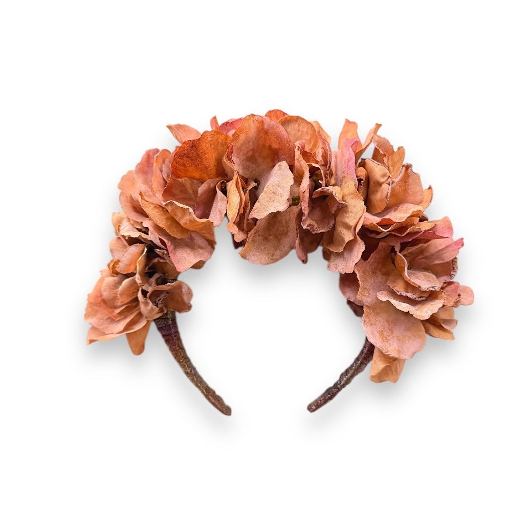 Handcrafted Terracotta Hydrangea Headband with realistic fabric hydrangeas in warm terracotta, dusty peach and earthy brown tones on a slim headband.