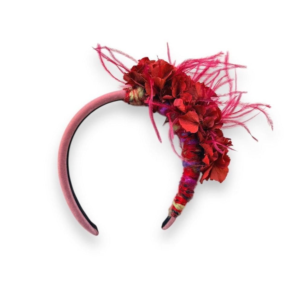 Handcrafted Wild Bloom Burgundy headpiece with preserved burgundy hydrangeas, wine-toned ostrich feathers and a dusty rose velvet headband.