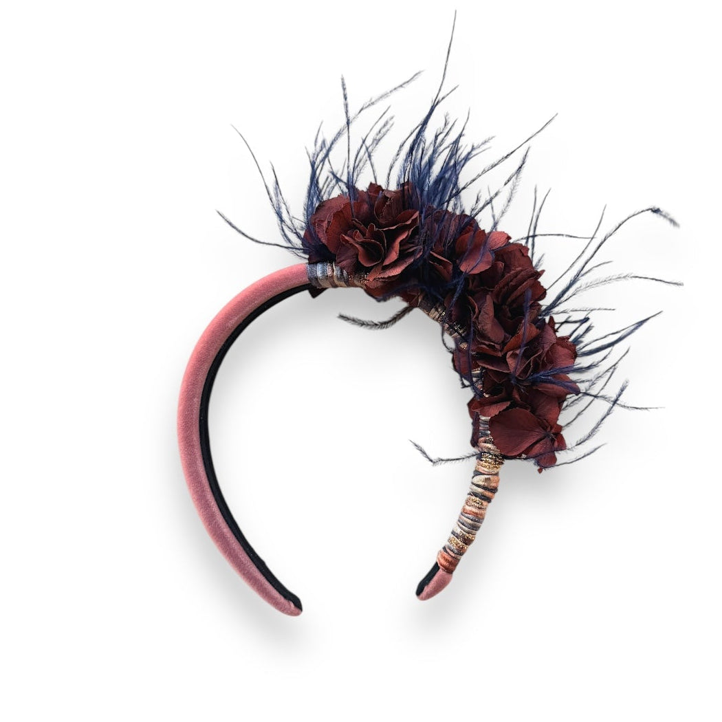 Handcrafted Wild Bloom Mocha headpiece with deep chocolate brown preserved hydrangeas, dark navy ostrich feathers and a dusty rose velvet headband.