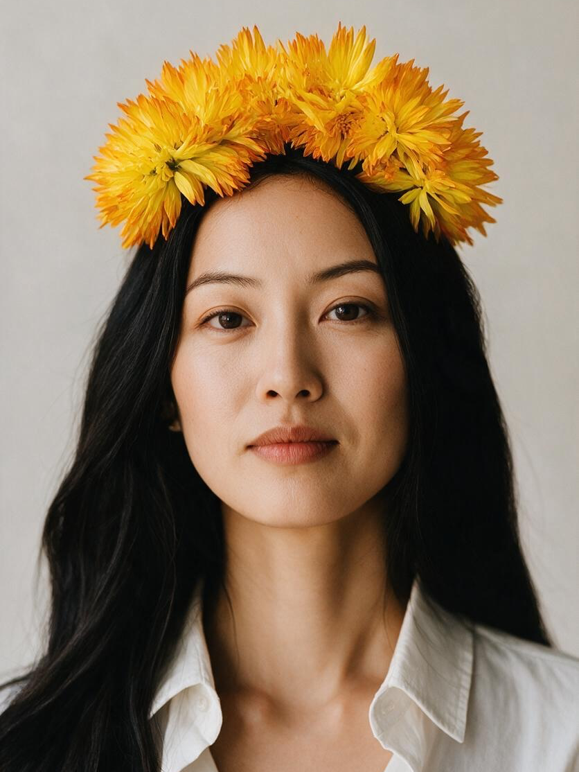 A close-up portrait of a woman with long dark hair wearing a bright yellow flower crown and a white collared shirt against a soft light gray background.
