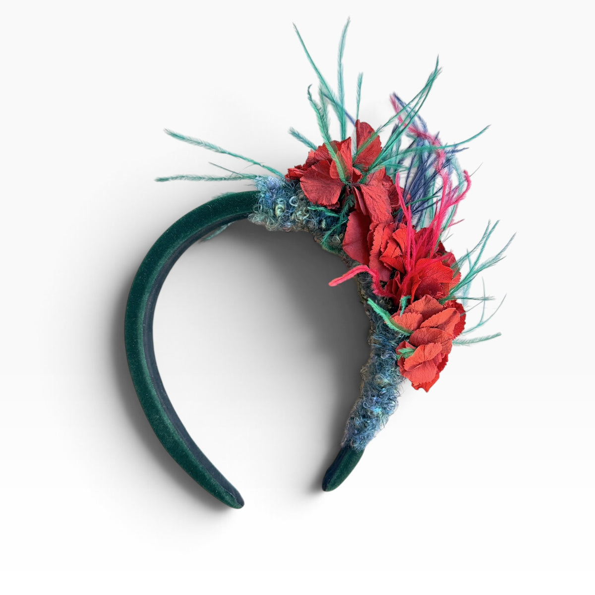 asymmetrical headpiece, handcrafted on a soft black velvet padded headband