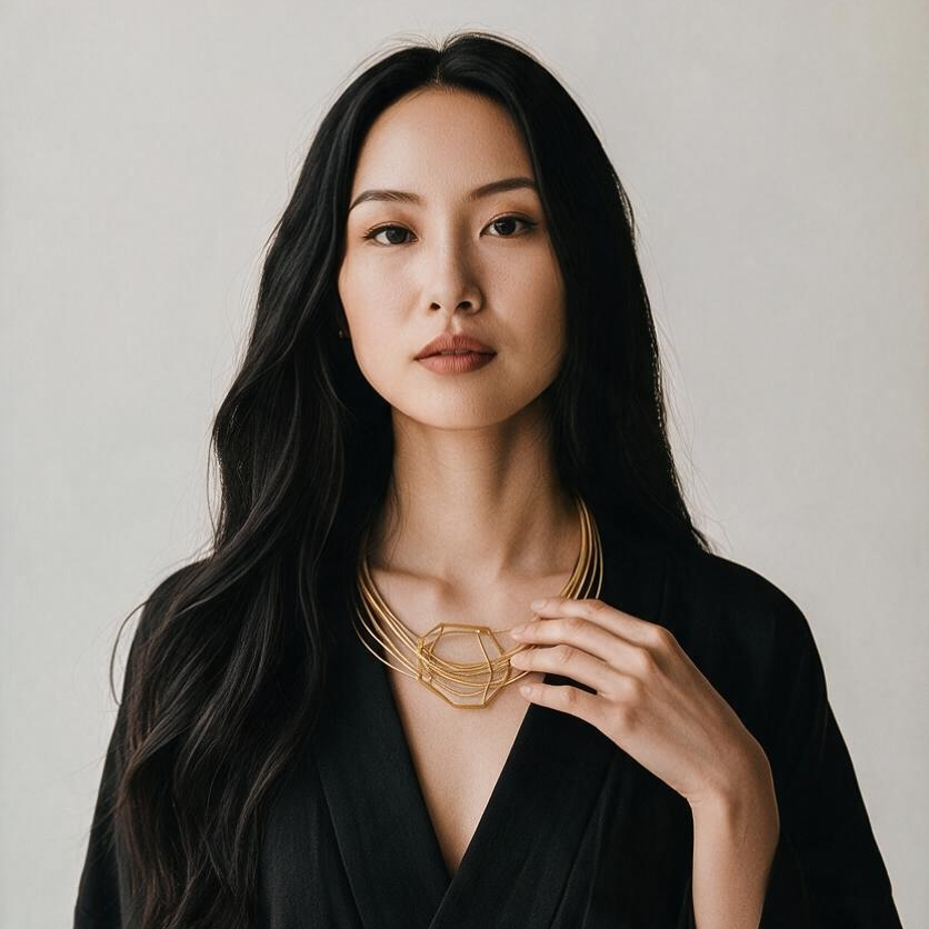 A woman with long dark hair wearing a black wrap robe and a chunky gold geometric statement necklace, posed against a neutral light gray background.