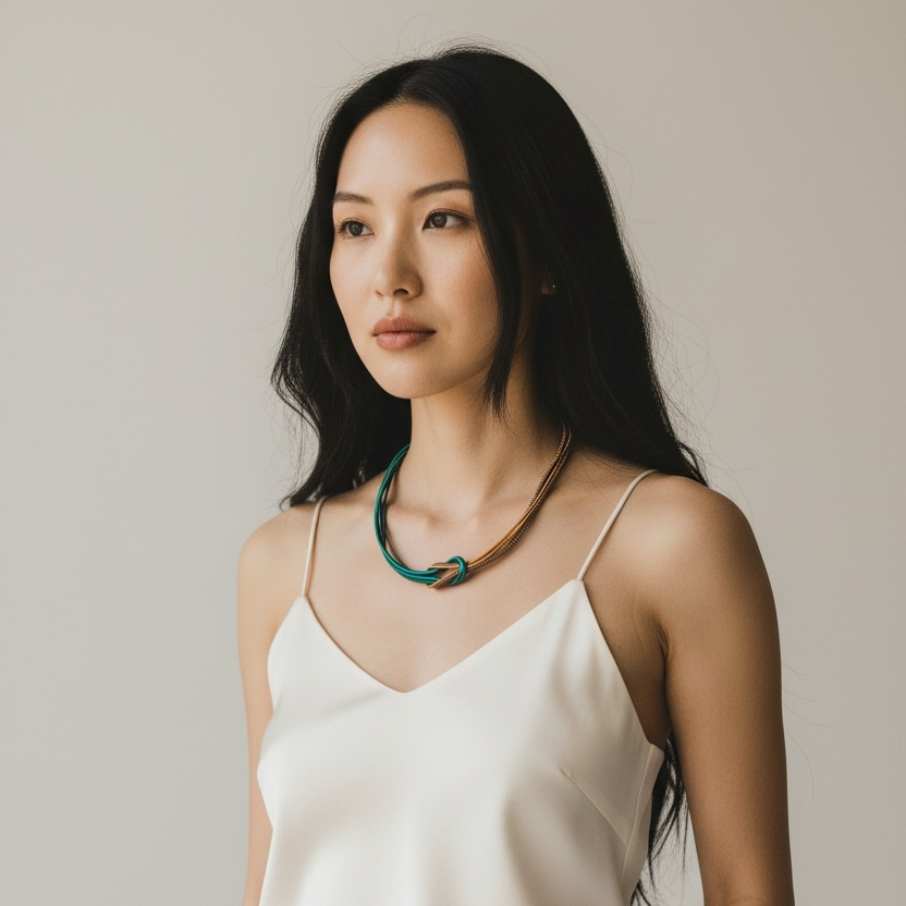 A woman with long black hair is wearing a cream satin camisole top and matching cream trousers, accessorized with a chunky green and brown rope necklace, set against a plain light gray background.