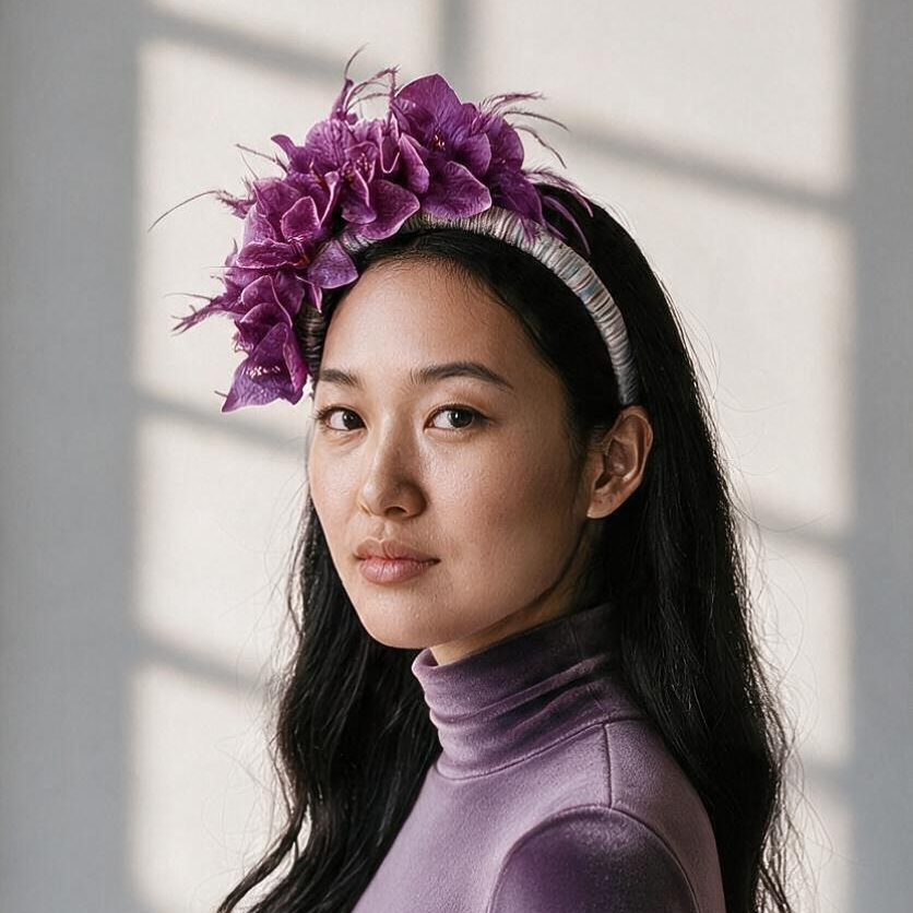 A woman with long dark hair wears a purple floral headband and a matching purple turtleneck top, photographed against a softly lit wall with window shadows.