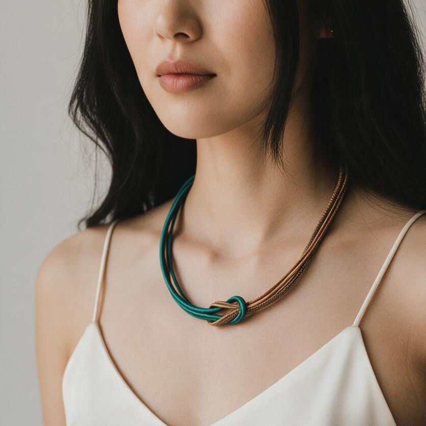 A close-up of a woman wearing a multi-strand cord necklace with arrow-shaped knots in teal and brown, paired with a white spaghetti-strap top against a soft light gray background.