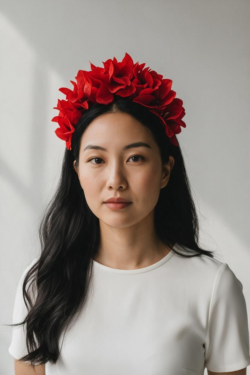 A woman with long black hair wearing a vibrant red fabric flower crown, paired with a simple white short-sleeve top, set against a soft gray background with natural light shadows.