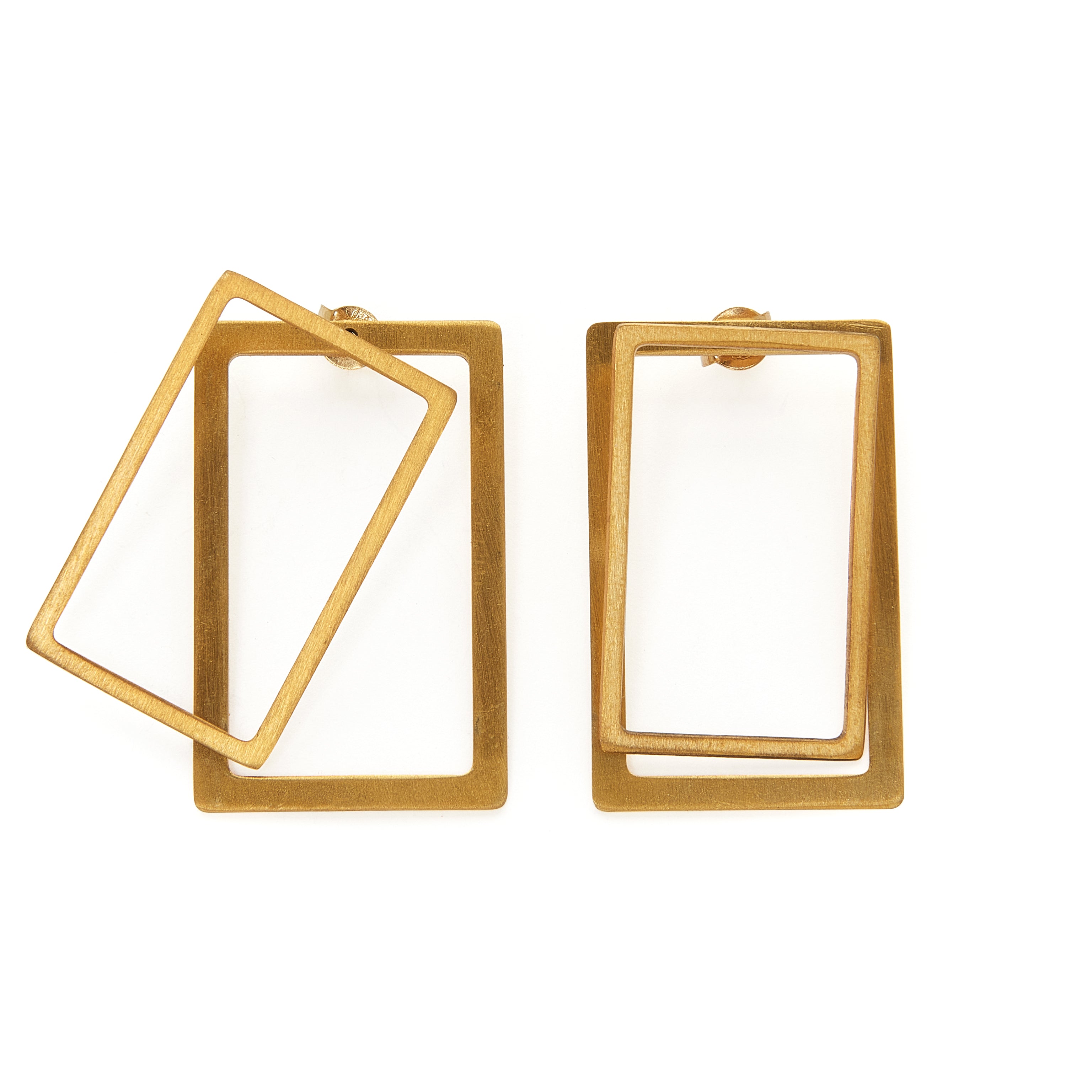 Rectangle ear jacket earrings in silver 925 or brass, gold-plated or platinum-plated that can be worn in more than one configuration. Wear these two dimensional front and back earrings in the front of the ear for a classy statement, wear just the front geometric stud earrings for a minimal look or add the back earrings for a special and unique look